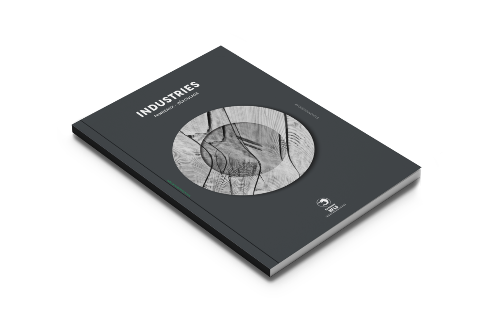 Trade catalogue entitled "INDUSTRIES - PANELS - ROLLING" with a dark cover and a black and white illustration of wood rings.