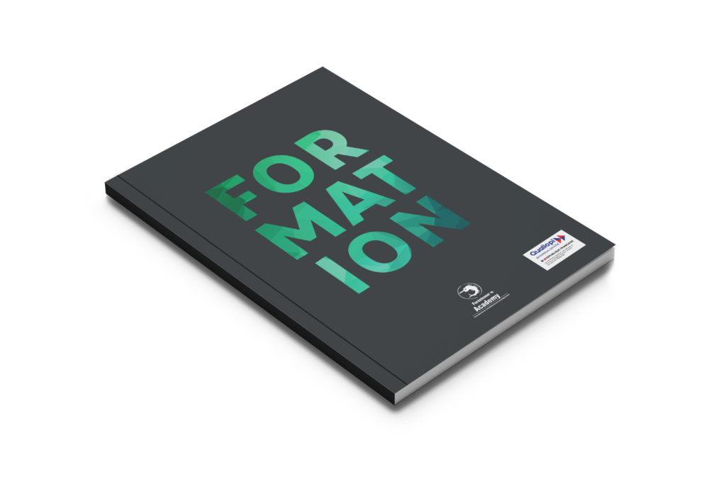 Forézienne Academy professional training catalogue, with an elegant black cover and a green title in large letters.
