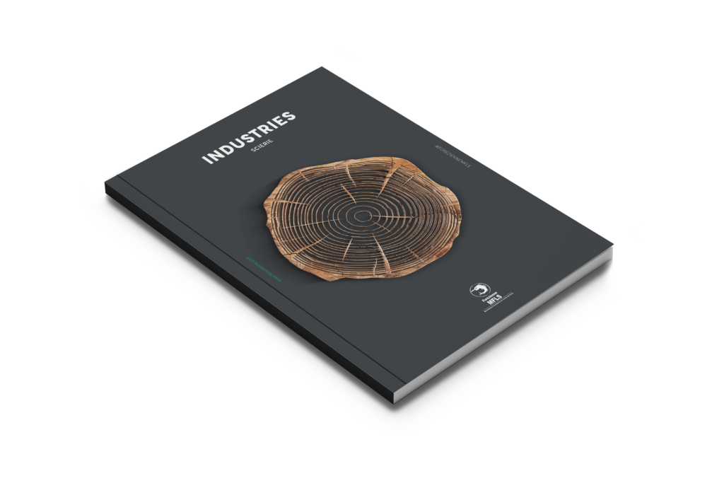 Forézienne MFLS trade catalogue dedicated to the sawmill industry, with a dark cover and a picture of a slice of wood.