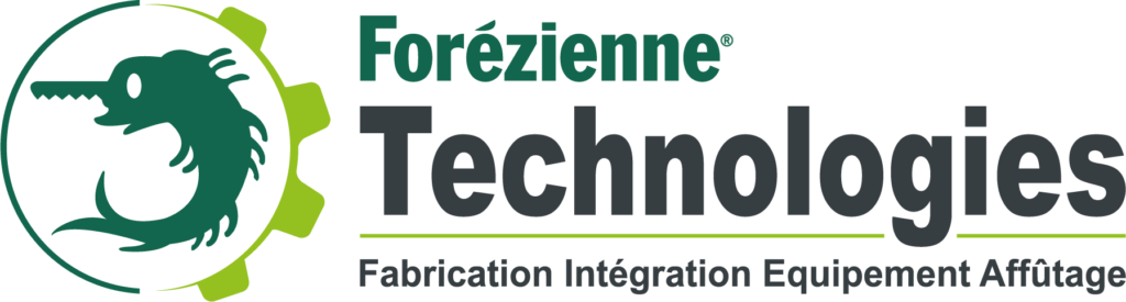 Logo of the Forézienne Technologies division, with the words "Fabrication, Integration, Equipment, Sharpening".