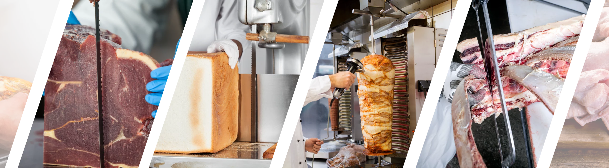 Different uses of food blades for cutting meat, bread, charcuterie, roasts and poultry in a professional environment.