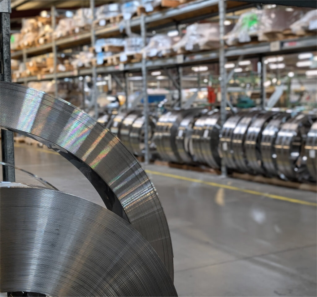 Band saw blades stored in an industrial warehouse, ready for wood manufacturing and processing.