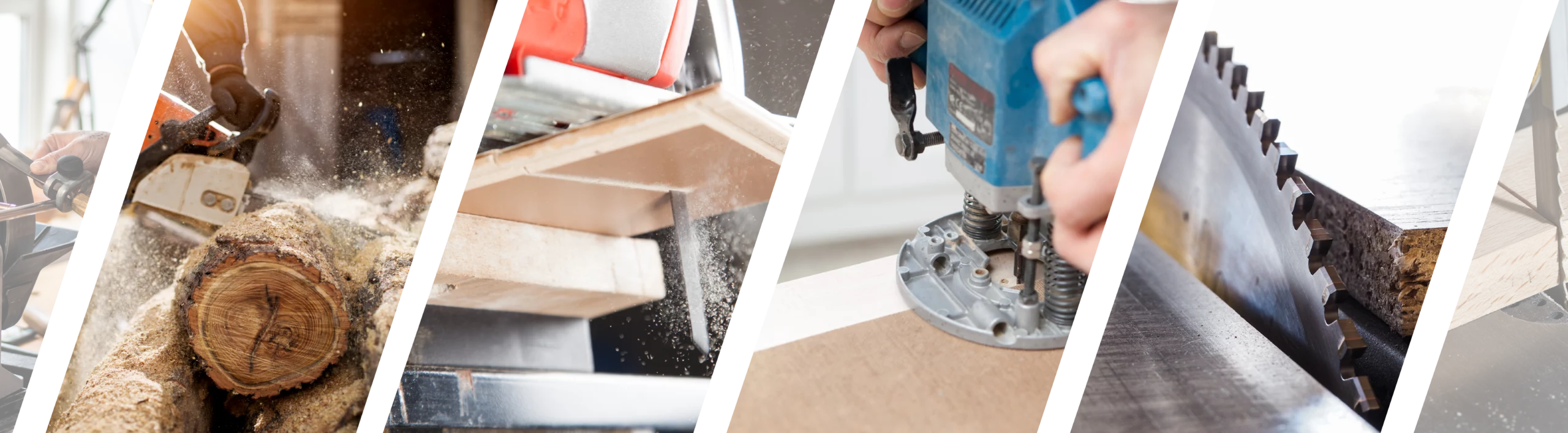 A range of tools and machines used in woodworking, from log cutting to precision machining.