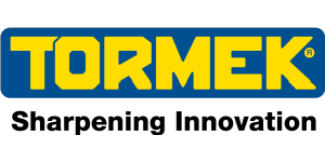 Tormek logo in yellow on a blue background with the slogan "Sharpening Innovation" in black