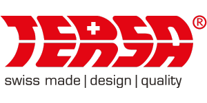 TERSA brand logo in red with integrated Swiss cross and the slogan "swiss made | design | quality".