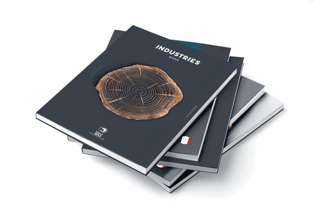 Stack of trade catalogues, top: the MFLS catalogue dedicated to the sawmill industry, with a tree trunk cross-section on the cover.