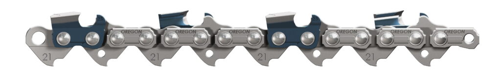 Oregon 21BPX chainsaw chain with safety links and chrome cutting teeth.