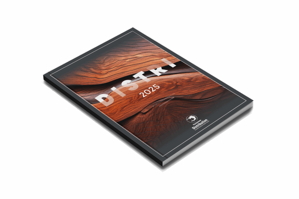 Forézienne Distribution 2025 paper catalogue with a cover illustrated with noble woods and the title "DISTRI 2025".