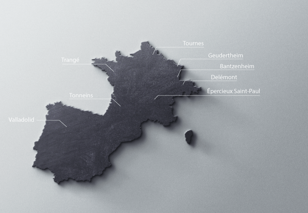 Carte stylisée représentant la France et ses régions voisines, avec des étiquettes indiquant les villes où Forézienne MFLS possède un site ou un atelier-relais : Épercieux-Saint-Paul, Tournes, Geudertheim, Bantzenheim, Delémont, Tonneins, Trangé et Valladolid.