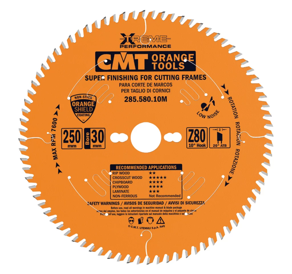 CMT Orange Tools circular saw blade 250 mm, 80 teeth, extreme finish for precise cuts in frames and wood.