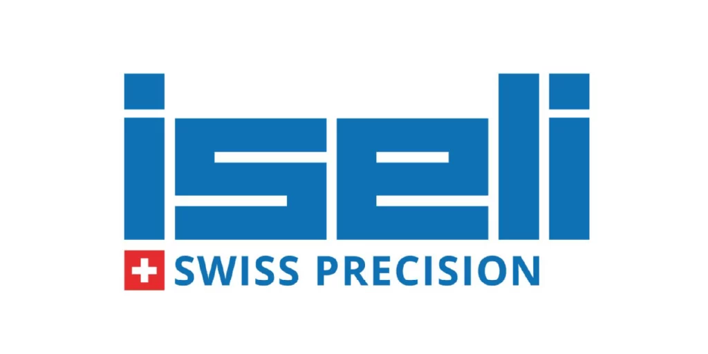 Logo for Swiss precision brand Iseli, in blue with the text "Swiss Precision" and a stylised Swiss flag.