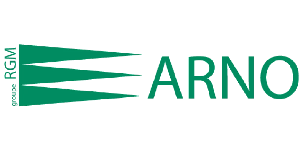 Logo for ARNO, part of the RGM group, specialising in industrial equipment, in green on a transparent background.