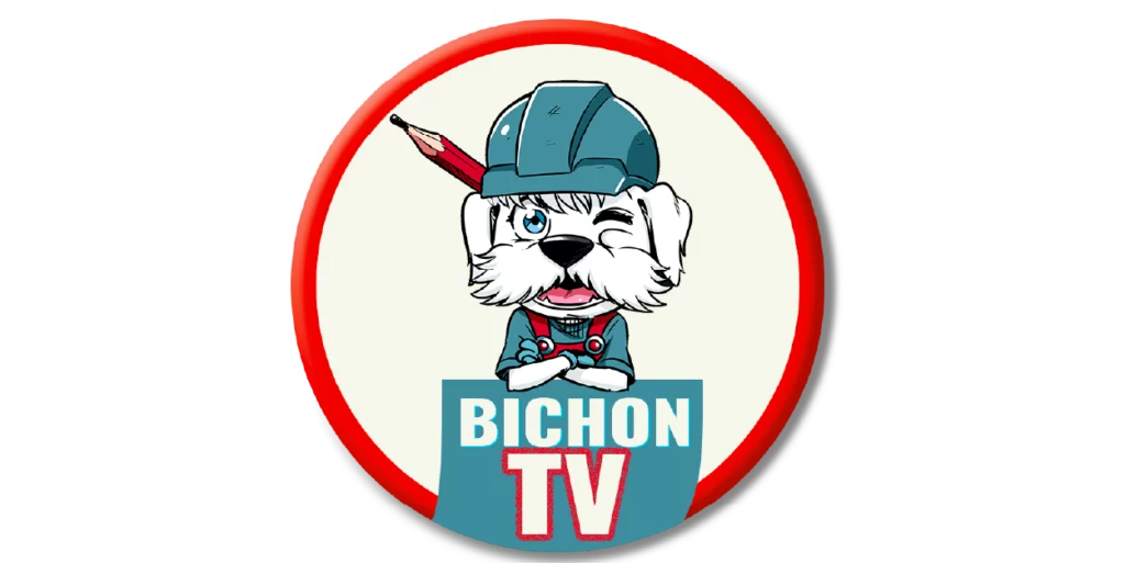 Bichon TV logo with a white dog mascot wearing a blue hard hat and a red pencil behind his ear.
