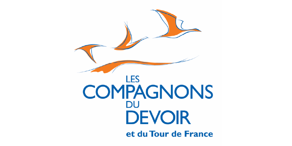Compagnons du Devoir logo with stylised orange birds and blue text