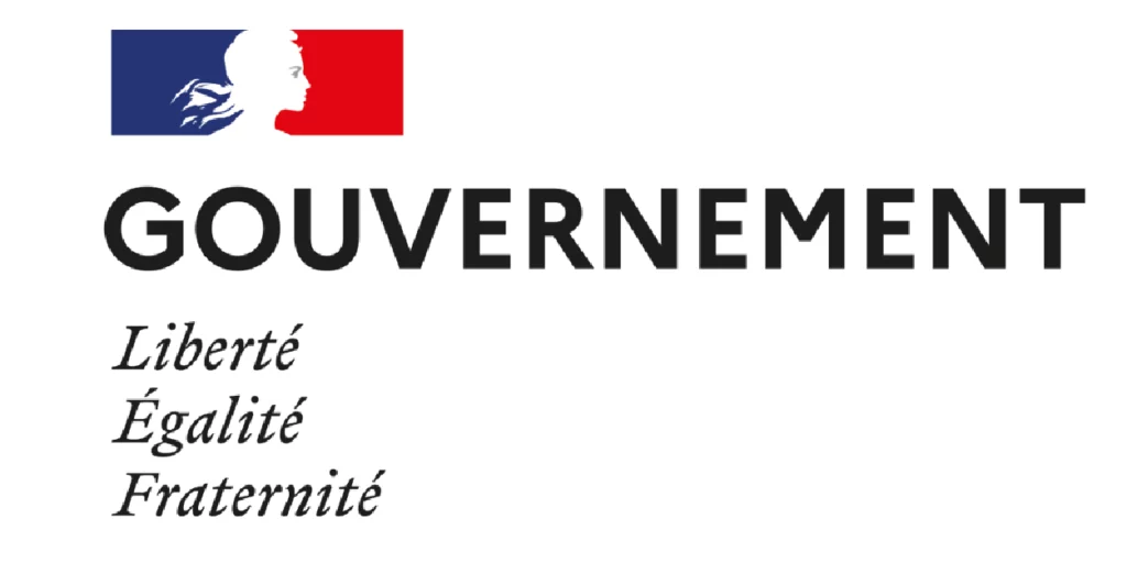 French Government logo with Marianne in white on a tricolour background and the motto "Liberté, Égalité, Fraternité".