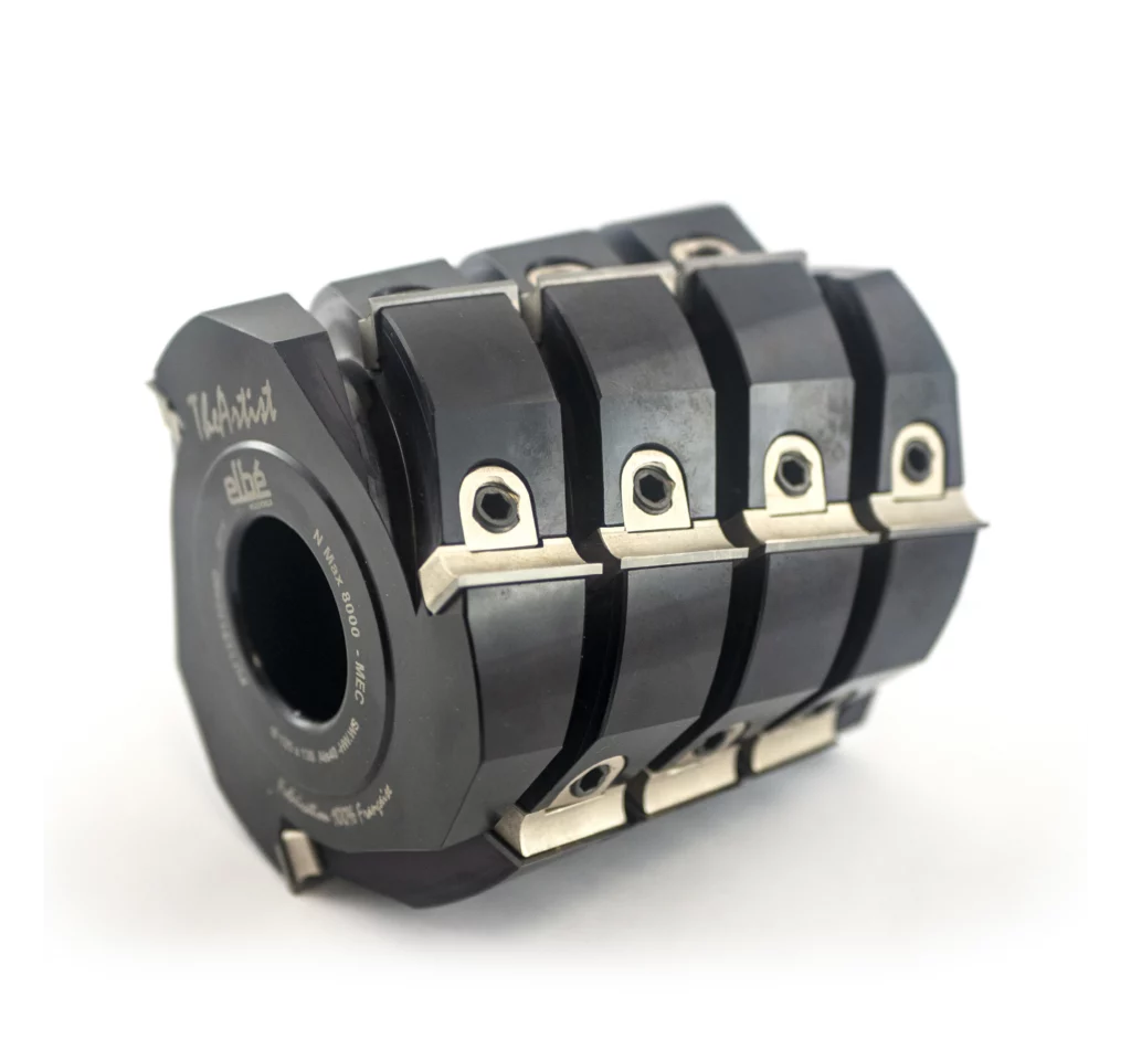 Elbé black metal helical routing head fitted with carbide inserts for machining wood.