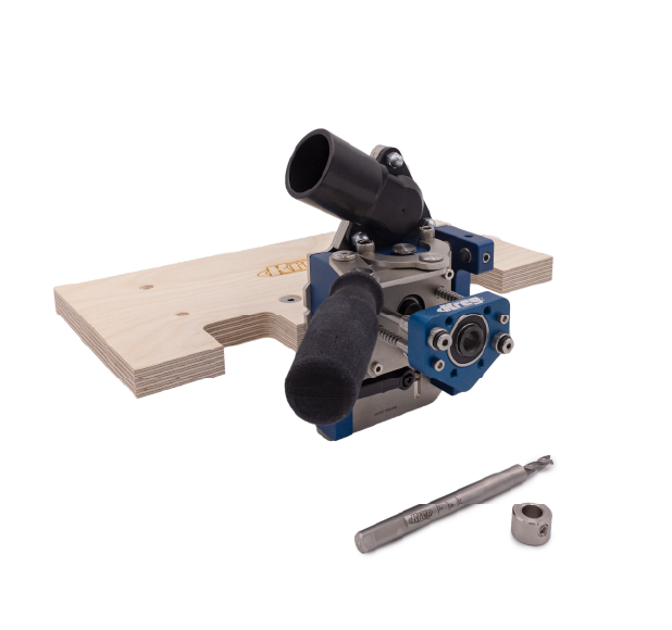 Kreg drilling jig with drill, angle guide and drilling accessories for wood panel assembly.