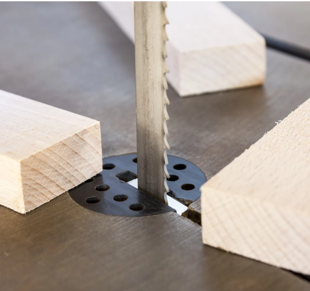 Band saw blade for cutting solid wood in a joinery workshop.