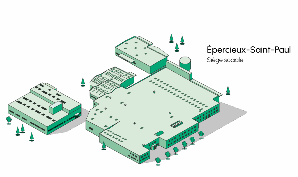 Isometric view of the Forézienne MFLS head office buildings in Épercieux-Saint-Paul, surrounded by trees and shown in green tones.