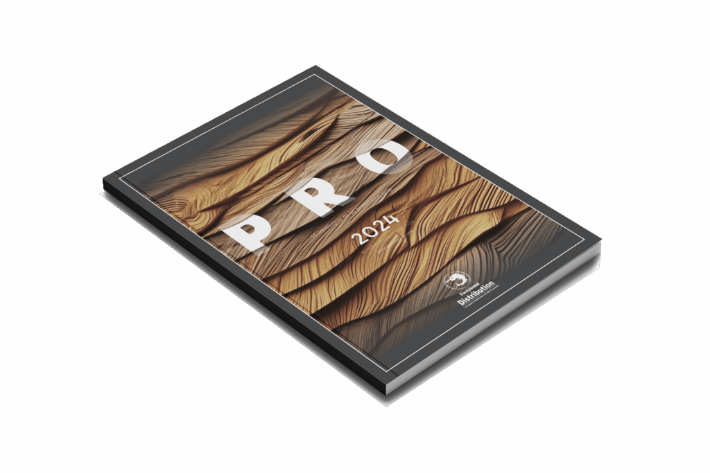 Forézienne Distribution's PRO 2024 catalogue, laid in perspective, featuring a cover with a wood texture pattern in relief.