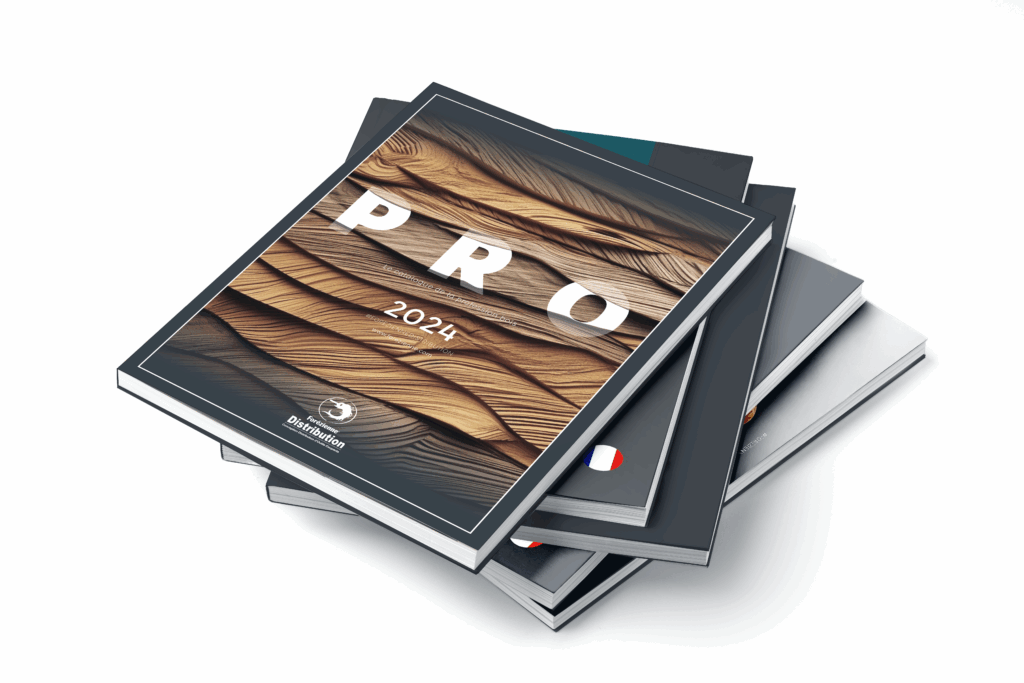 Stack of trade catalogues, with the Forézienne Distribution 2024 catalogue entitled "PRO" on the cover.