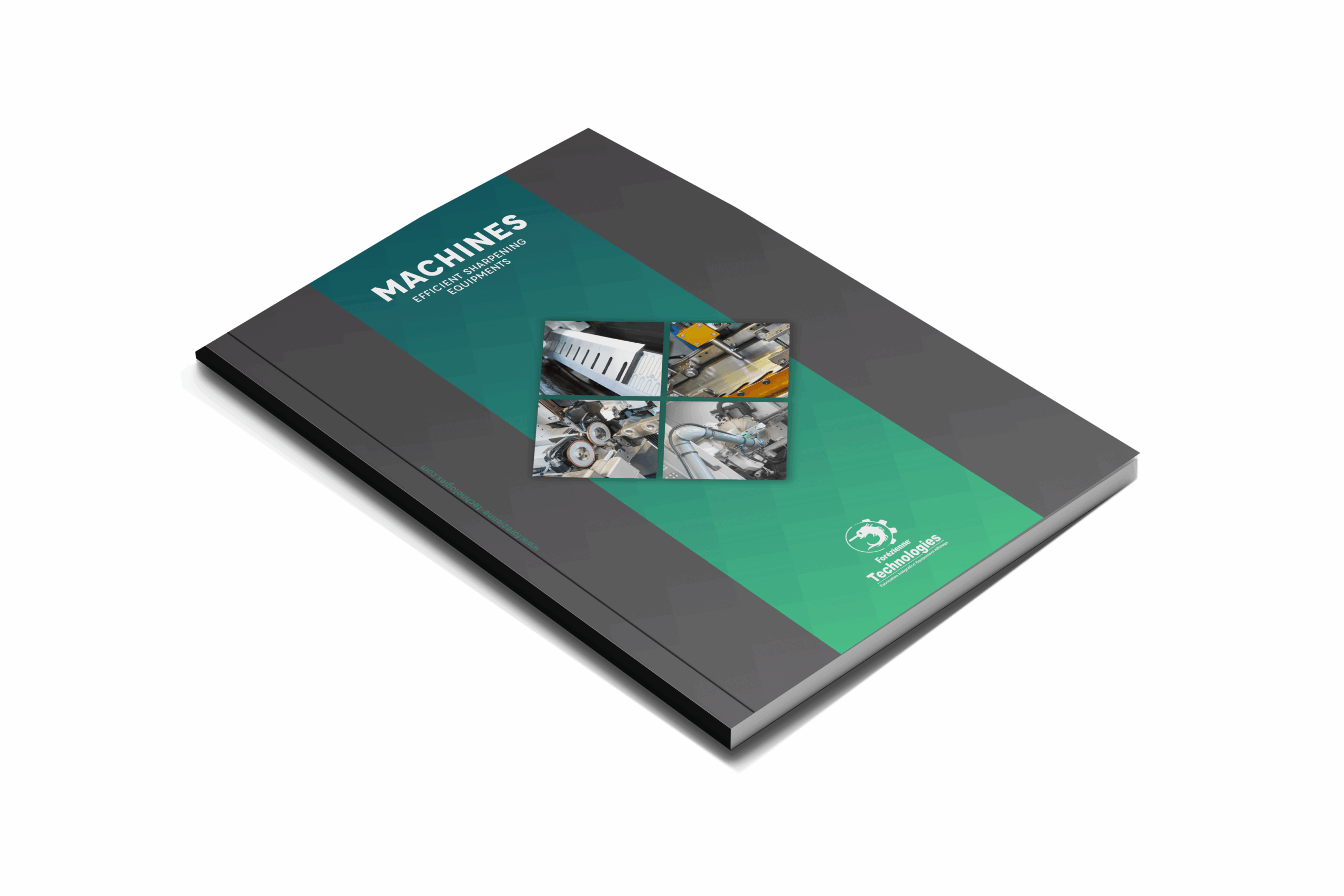 Forézienne Technologies professional catalogue dedicated to high-performance grinding machines and equipment, with a grey and green cover and industrial photos.