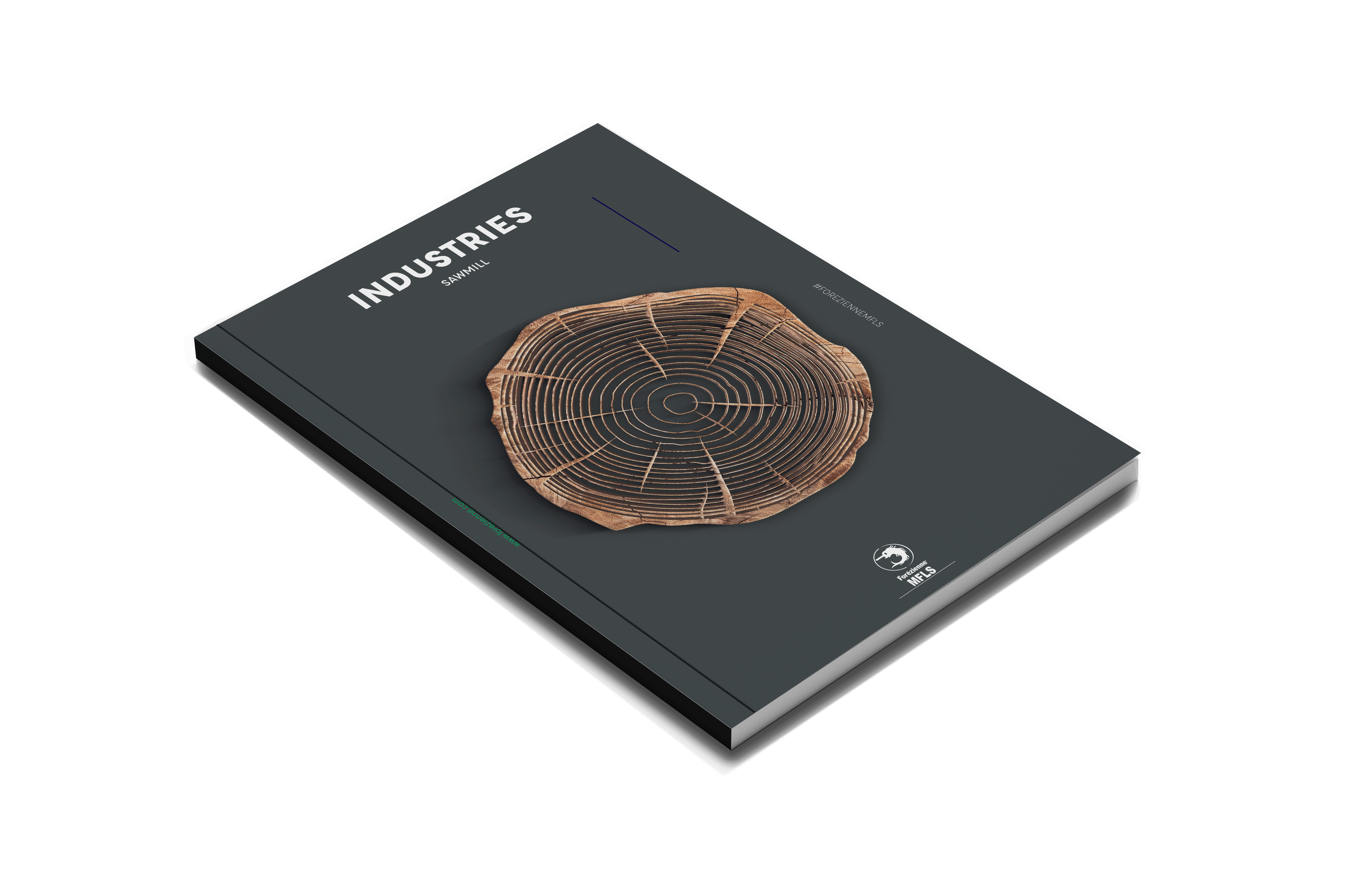 Forézienne MFLS trade catalogue dedicated to the sawmill industry, with a dark cover and a picture of a slice of wood.